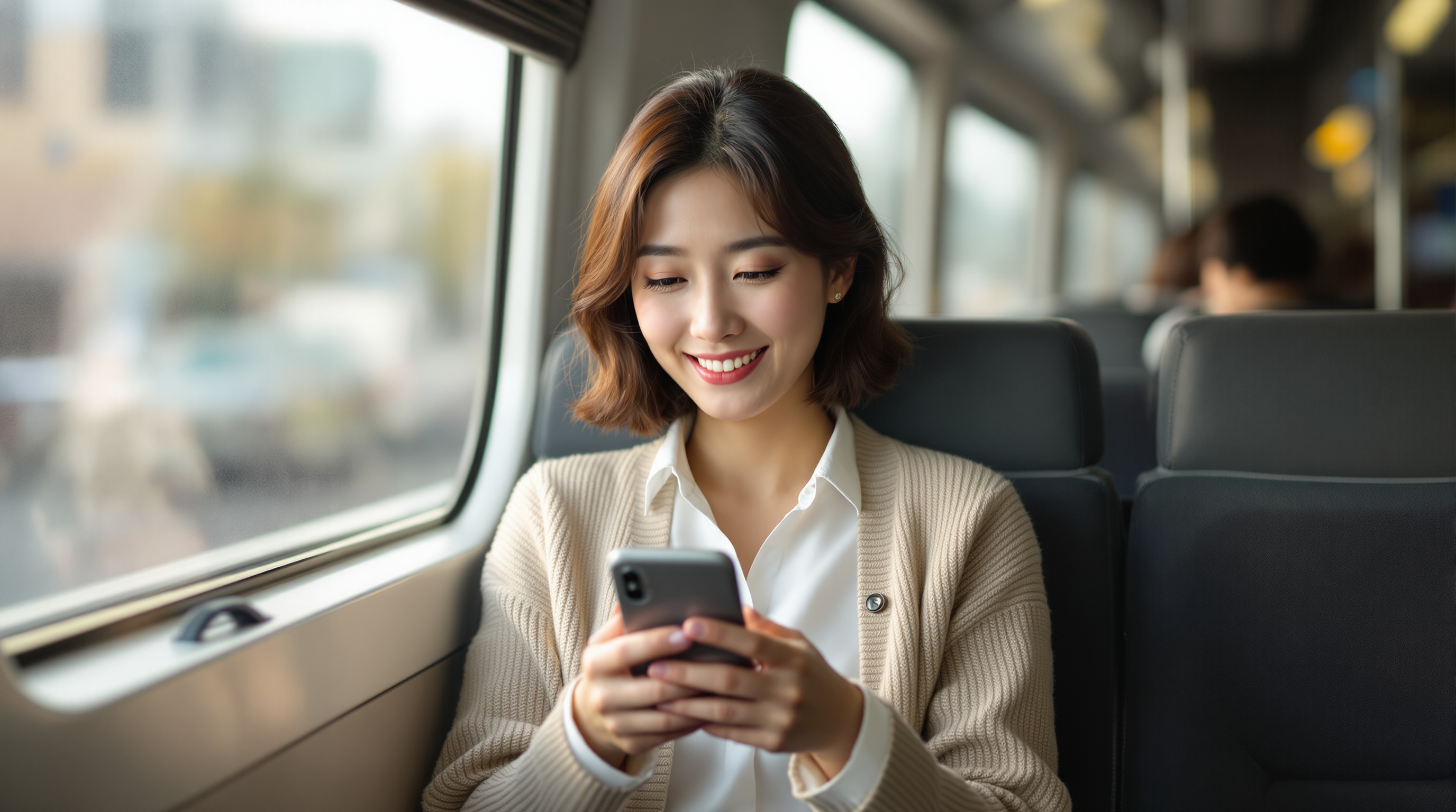 朝の通勤電車内でスマートフォンを見て微笑む橋本さん
